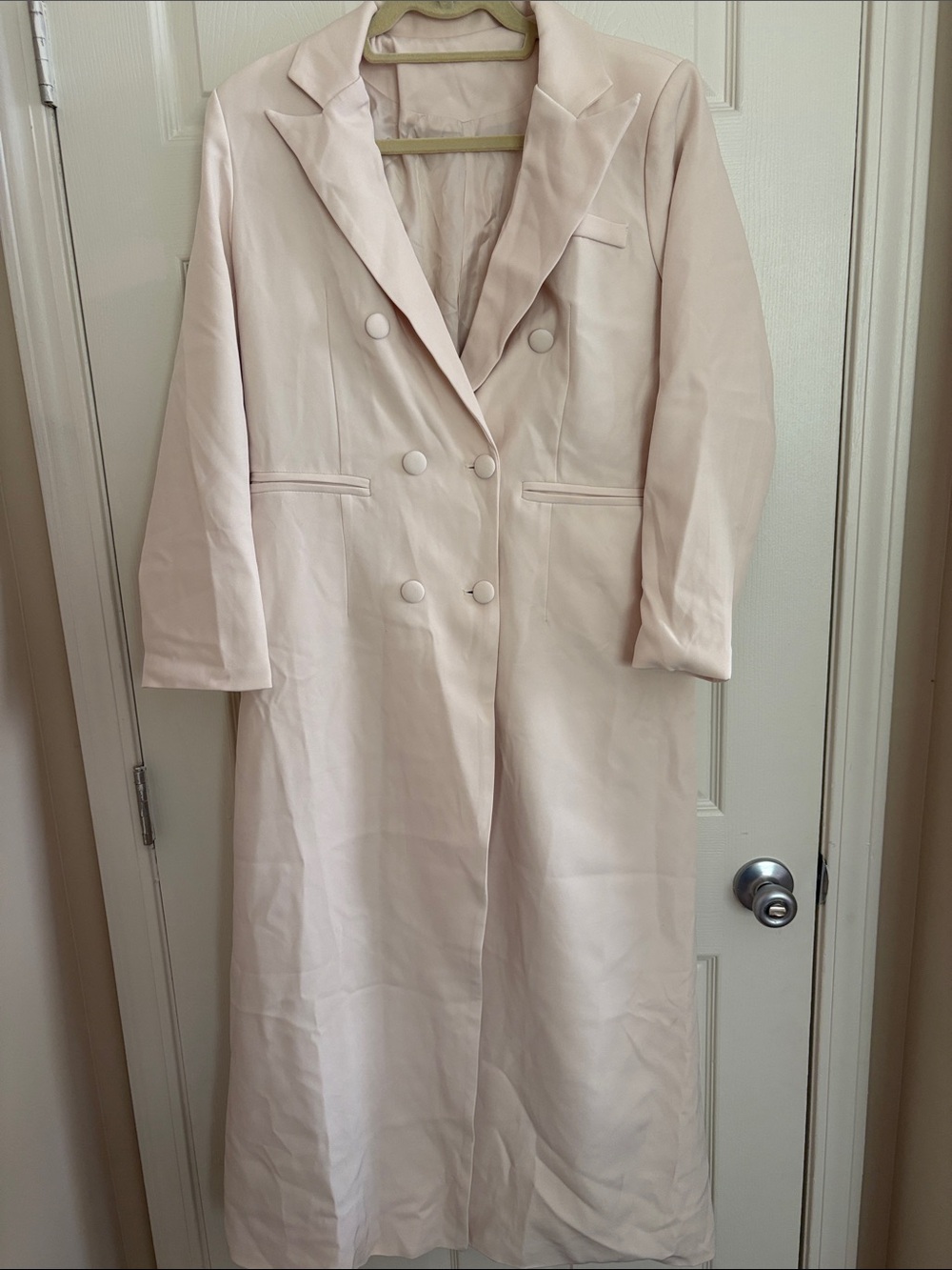 Double-Breasted Long Floor Coat in Soft Beige Cream Duster Overcoat